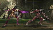 Mileena trying to strike Sektor with her Sai.