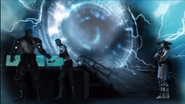 Raiden, as seen alongside Sonya and Jax near a portal in one of his visions.