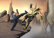 Concept art of Sub-Zero kicking Scorpion in the Falling Cliffs arena