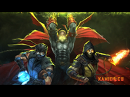 Scorpion teaming up with Sub-Zero and Spawn in Spawn's Arcade Ending.