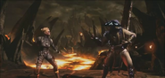 Cassie Cage fighting Raiden on the Krossroads stage.