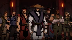 From right to left: Johnny Cage, Stryker, Liu Kang, Raiden, Kung Lao, Jax Briggs, Sonya Blade