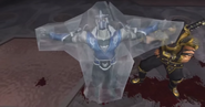 Sub-Zero freezing himself before shattering onto the ground.