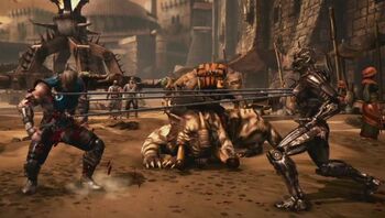 Triborg using Cyber Smoke's Trident against Sub-Zero in Mortal Kombat X.