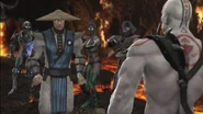 Jade, Smoke and Sub-Zero preparing to attack Raiden