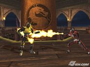 Sektor shooting his flamethrower towards his rival, Cyrax