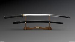 A Katana with its sword case next to it
