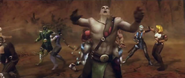 Frost fighting Sonya and Kitana fighting Reptie behind Quan-Chi