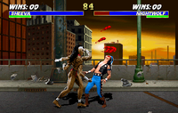The gameplay of Sheeva performing a combo on Nightwolf in Mortal Kombat 3 at The Bridge stage.