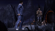 Johnny Cage leaps back onto the bridge to stop Kano from killing Sonya.