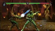 Sub-Zero leaping at his opponent with Kori Blade in hand during his Icy Counter move.