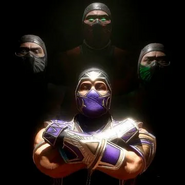Ermac along with Reptile and Smoke, in one of Rain's fatality, as a homage of the cover art of Queen II