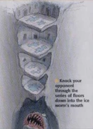 Concept Art from a Gameinformer magazine with a planned Death Trap or Stage Fatality where it features a Giant Ice Worm after going through four floors.