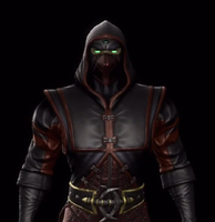 The Gem of Ermac on the forehead of hooded Ermac in Mortal Kombat (2011)
