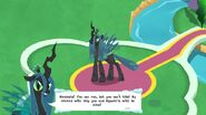 Queen Chrysalis: "Mwahaha! You can run, but you can't hide! My minions will stop you and Equestria will be mine!"