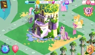 Princess Cadance next to the Royal Conservatory with Aloe, Lotus Blossom, Aunt Orange, Rarity, and Cherry Berry prior to 10.6.0