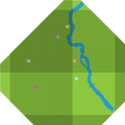 Map (unrotated) of Ponyville, showing the overall dimensions of the area and the locations and size of the river and Harmony Stones.