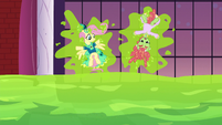 Fluttershy and Tree Hugger stuck to a wall S5E7