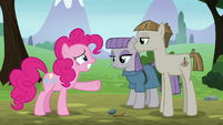 Pinkie Pie forcing a grin at Mudbriar S8E3