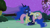 Princess Luna holding Fluttershy on her shoulder S02E04