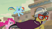 Rainbow Dash and Pinkie Pie run after A. K. Yearling S7E18