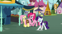 Fluttershy and Pinkie Pie and Rarity at Town Square S2E19