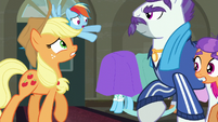 Applejack backing away from Mr. Stripes S6E9