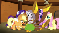 Applejack giving Pinkie the yovidaphone S8E18