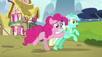 Pinkie Pie shoving Lyra toward Maud S7E4