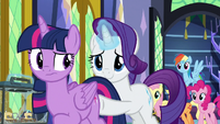 Rarity pushes Twilight out of the castle S9E26
