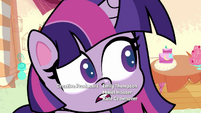 Twilight looking over at Pinkie's dessert PLS1E1a