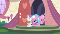 Aloe pushing Sweetie Belle out of the spa S9E23