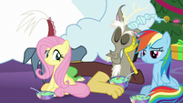 Fluttershy looking coyly at Discord MLPBGE