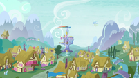 Rainbow Dash flying with Twilight's castle in the background S5E5