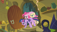 Twilight, Pinkie, and Fluttershy burst into the hut S1E09