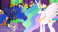 Celestia, Luna, and Spike looking at Twilight S7E1