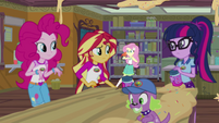 Pinkie, Sunset, and Twilight look at Fluttershy EG4