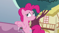 Pinkie leaning on statue pedestal S5E19