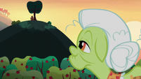 Granny Smith looks to Apple Bloom and Big Mac on the hill S5E17