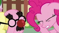 Groucho Marx glasses on Fluttershy's tail; Pinkie feeling pain from impact S5E19