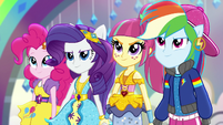 Pinkie, Rarity, Sour Sweet, and Rainbow hand-in-hand EGS1