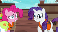 Pinkie and Rarity grinning at Applejack S6E22