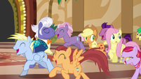 Ponies gallop past AJ, Fluttershy, and Gladmane S6E20