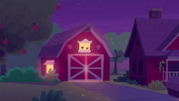 Exterior view of Apple family barn at night EGDS25