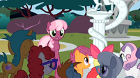 Fillies and colts next to Discord's statue S2E01