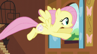 Fluttershy flying out the cottage window S5E23