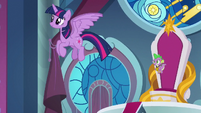 Twilight and Spike fly out of throne room S9E24