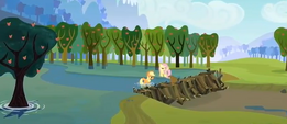 Opening of the dam scene. View of Fluttershy and AJ