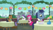 Maud, Rarity, and Pinkie at the dining table; stallion looking sad S6E3