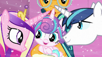 Shining Armor and Princess Cadance look at their baby S6E2